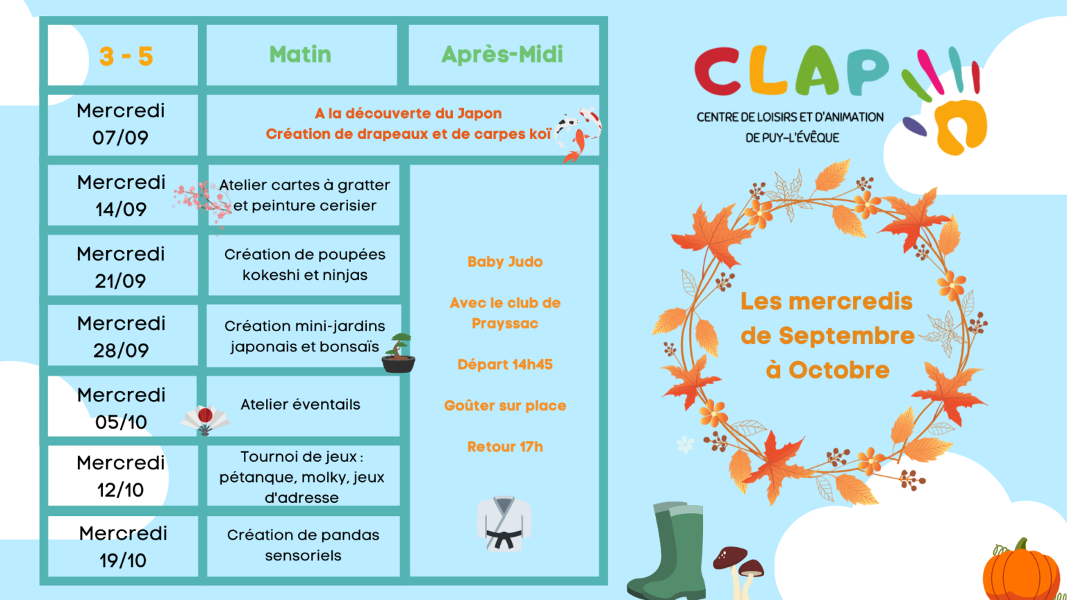 Programme des mercredis de septembre à octobre pour les enfants de 3 à 5 ans