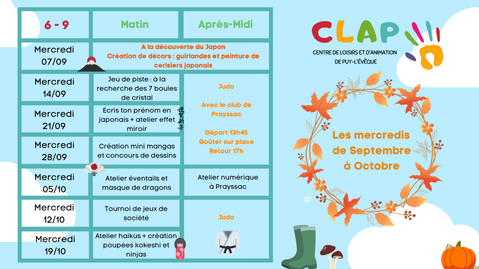 Programme des mercredis de septembre à octobre pour les enfants de 6 à 9 ans