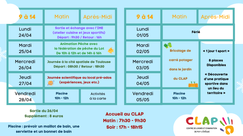 Programmes des vacances de printemps pour les enfants de 9 à 14 ans