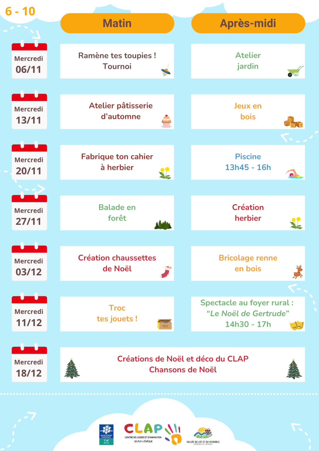 Programme des mercredis de novembre à décembre pour les enfants de 6 à 10 ans